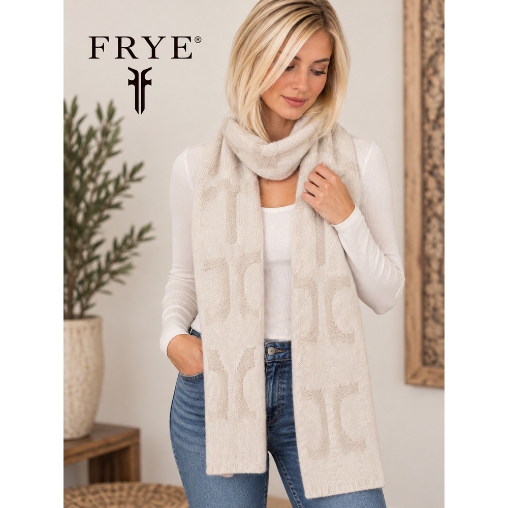 Frye Italy Merino Wool Cashmere Logo Knit Scarf Cream Beige Luxury Accessory